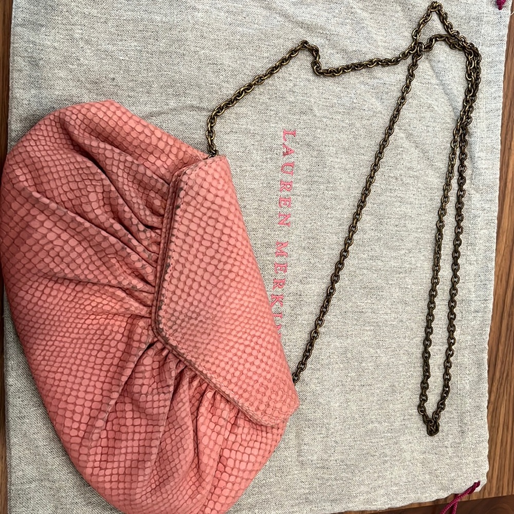 Lauren Merkin pink snakeskin clutch bag with dark gold chain